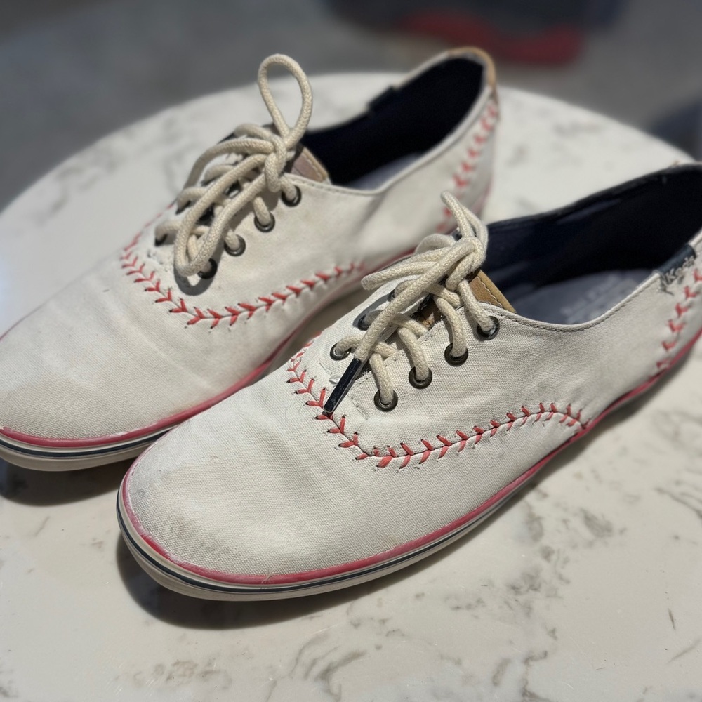 Keds NY White Canvas Baseball Sneakers with Red Accents